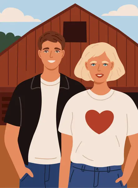 Joli Jeune Couple Agriculteur Illustration Ferme Illustration Vectorielle — Image vectorielle