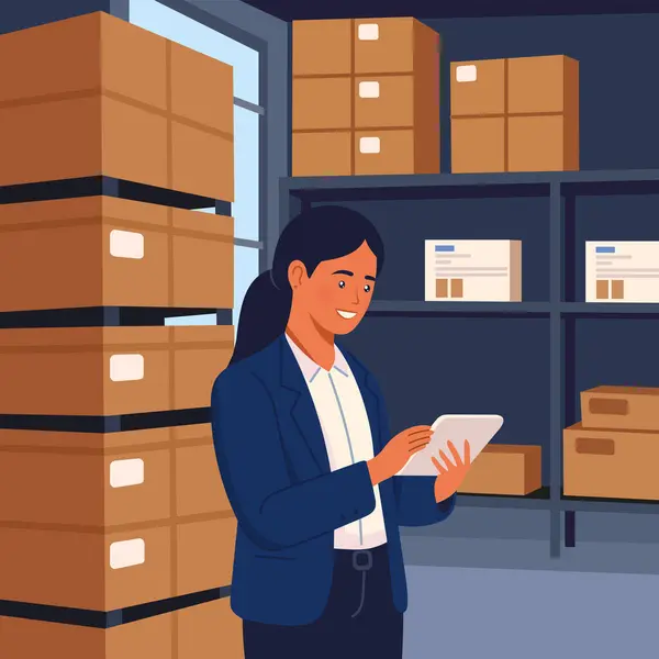 Stock vector Female manager at a post office. In the background is a warehouse of parcels with products ready for shipment. Vector illustration