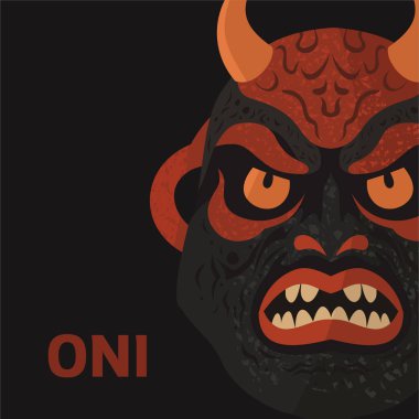 Japon şeytan maskesi Oni. Koyu arkaplanda renkli vektör illüstrasyonu.