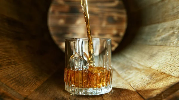 Pouring Whisky Glass Old Wooden Barrel Concept Fresh Beverages — Stock Photo, Image
