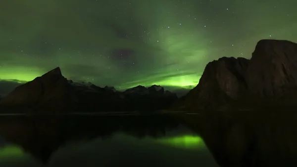 Aurora Borealis Panorámája Észak Európa Hegyei Felett Lofoten Szigetek Reine — Stock Fotó