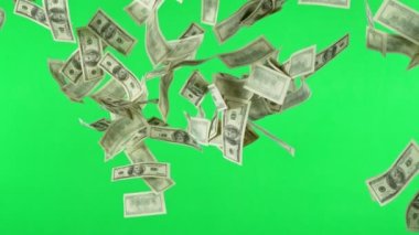 Yeşil arka planda Amerikan doları banknotları uçurmak için süper yavaş çekim. Yüksek hızlı sinema kamerasıyla çekildi, 1000fps. Yeşil ekranda izole edilmiş, arkaplan değişikliğine hazır.