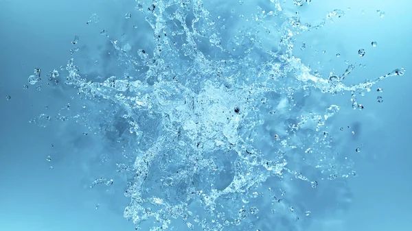 Vannsprut Isolert Myk Blå Bakgrunn Frysebevegelse Eksploderende Vann Opp Luften – stockfoto