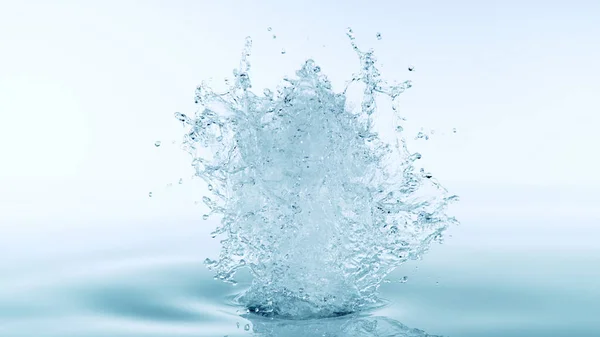 軟らかい青色の背景に隔離された水のスプラッシュ 空気中の水の爆発の動きを凍結する — ストック写真