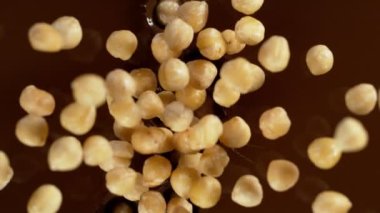 Erimiş çikolataya düşen fındıkların süper yavaş hareketi. Yüksek Hız Sinema Kamerası, 1000fps.