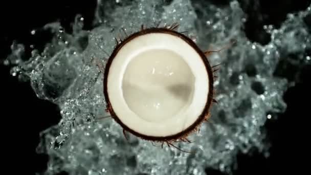 超级慢动作的椰子与水飞溅 用高速摄影机Phantom Veo 1000 Fps拍摄 被隔离在黑色背景下 — 图库视频影像
