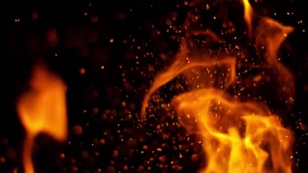 Super Slow Motion Fire Sparks Isolated Black Background Англійською Фільм — стокове відео