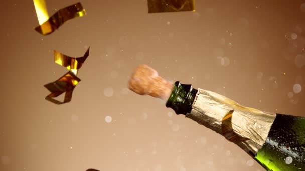Супер Повільний Рух Вибуху Шампанського Блискучими Частинками Знято Високошвидкісній Кінокамері — стокове відео