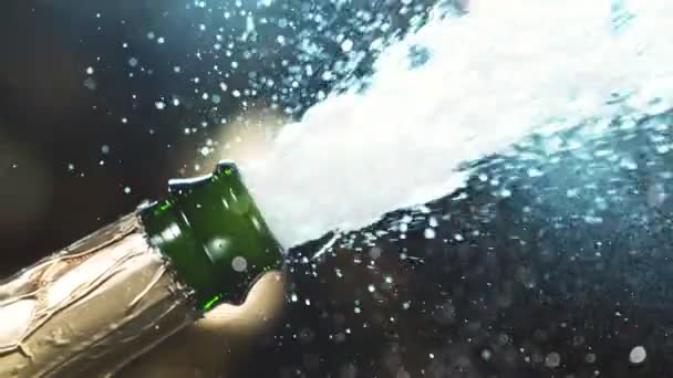 Super Cámara Lenta Explosión Champán Con Partículas Brillantes Filmado Cámara — Vídeo de stock