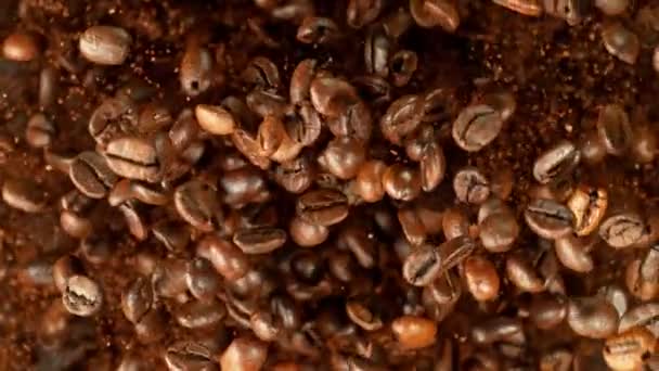 Super Slow Motion Chicchi Caffè Rotanti Polvere Isolato Sfondo Nero — Video Stock