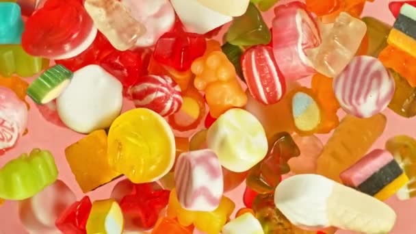 Super Slow Motion Flying Candies Air Camera Super Fast Motion — Stock Video