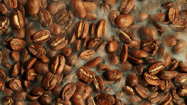 Kaffebönor Som Slår Rostade Närbild Abstrakt Kaffe Bakgrund Med Hela — Stockfoto