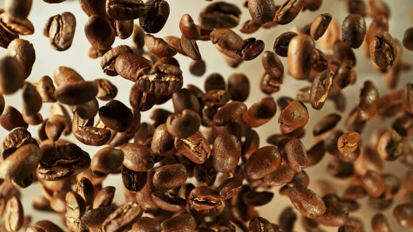 Coffee Beans Flying Air Freeze Motion Abstract Coffee Background Roasted — Foto de Stock