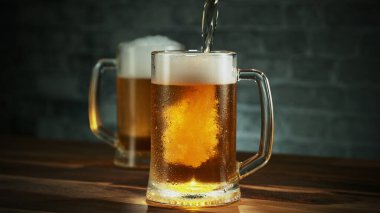 Glass of light beer pouring on wooden table. Studio shot with isolated glass of beer.
