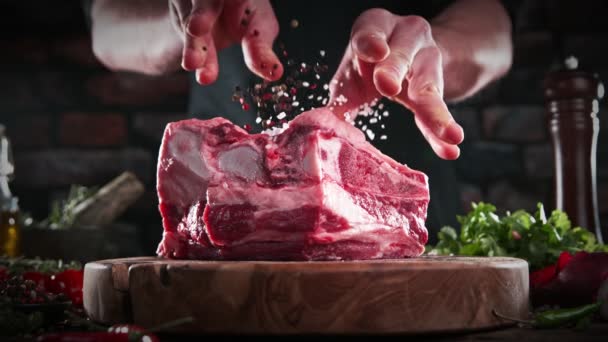 Super Slow Motion Falling Spices Beef Steak Filmed High Speed — Video
