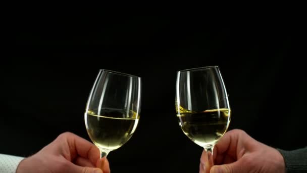 Super Slow Motion White Wine Glasses Cheers Gesture Filmed High — Stock Video