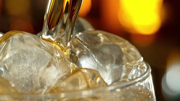 Super Macro Shot Pouring Cider Drink Glass Ice Cubes — Stock Photo, Image