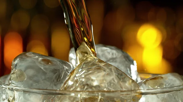 Super Macro Shot Pouring Cola Drink Glass Ice Cubes — Stock Photo, Image