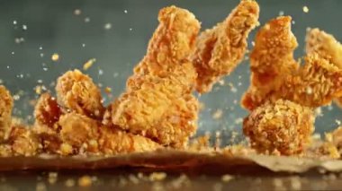 Gri arka planda uçan kızarmış tavuk parçaları çok yavaş hareket ediyor. Yüksek hızlı sinema kamerasında çekildi, 1000fps, yüksek hızlı sinüs robotuna yerleştirildi. Kamera hareket halinde, takip eden nesneler. Hız rampası etkisi.