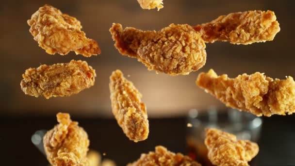 Super Slow Motion Flying Fried Chicken Pieces Cola Drink Fries — Stock Video