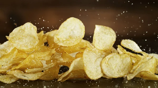 Batatas Fritas Voando Vôo Junk Food Isolado Fundo Marrom — Fotografia de Stock