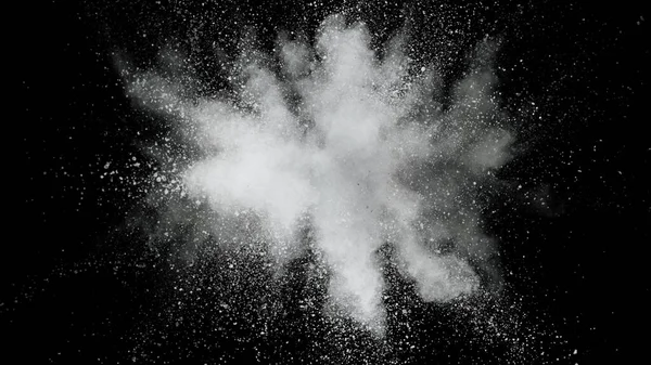黒の背景に爆発する白い色の粉の凍結運動 概要形 — ストック写真