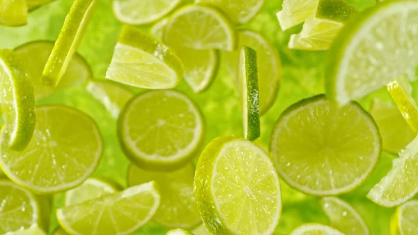 Top Shot Lime Slices Flying Air Fresh Summer Fruit Background — Stock Photo, Image