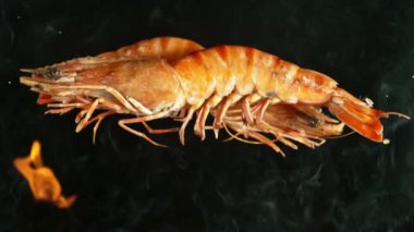 Izgarada Düşen Karideslerin Süper Yavaş Hareketi. Yüksek Hız Sinema Kamerası, 1000 fps, Kamera Yüksek Hız Cine Robotuna yerleştirildi, Hedefi Takip Ediyor.