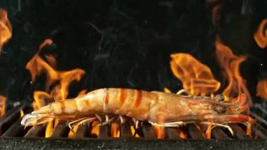 Izgarada Düşen Karideslerin Süper Yavaş Hareketi. Yüksek Hız Sinema Kamerası, 1000 fps, Kamera Yüksek Hız Cine Bot 'a Yerleştirilmiş, Takip Edilmiştir. Hız Rampası Efekti.