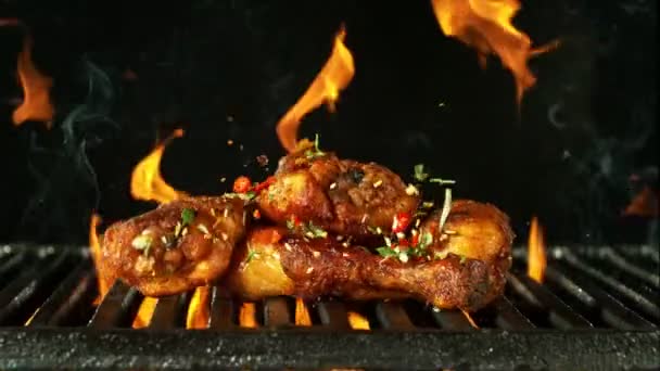 Super Slow Motion Chicken Pieces Falling Grill Fire Black Background — Stock Video