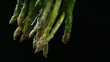 Kuşkonmazın suya düşmesi çok yavaş bir hareket. Siyah arka planda izole edilmiş. Yüksek hızlı sinema kamerası, 1000fps.