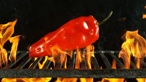 Barbacoa Grill Falling Red Pepper Barbacoa Rejilla Fuego Sobre Fondo — Foto de Stock