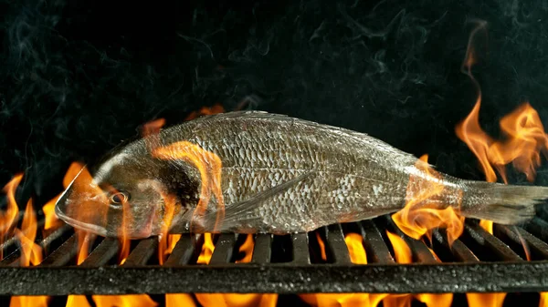 烤肉和生鱼片一起吃 黑色背景下的烧烤火网 — 图库照片