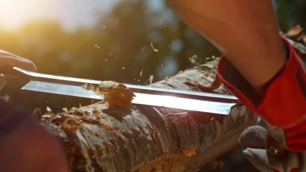 Super Slow Motion Spokeshave Cutting Wooden Log Filmed High Speed — Stock Video