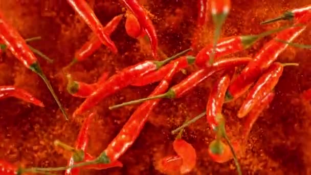 Super Slow Motion Flying Rotating Red Chilli Peppers Filmado Cámara — Vídeo de stock