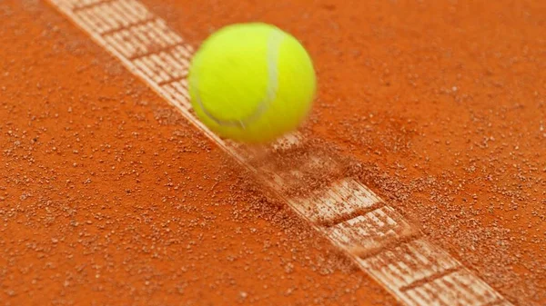 Geler Mouvement Balle Tennis Volant Dans Court Balle Tombe Sur — Photo