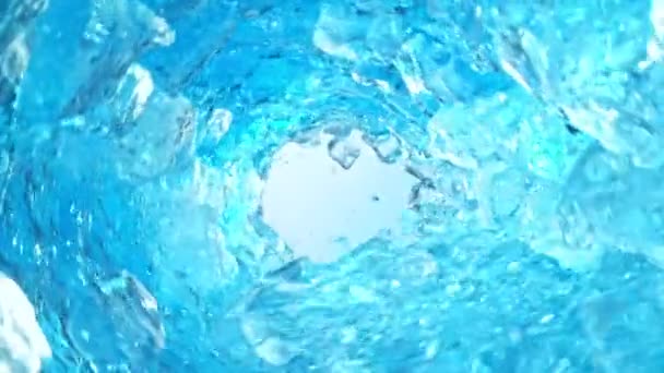 Super Slow Motion Splashing Water Wave Ice Cubes Creating Tunnel — Stock Video