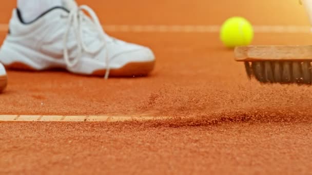 Super Slow Motion Sweeping Tennis Court Line Low Depth Focus — Stock Video