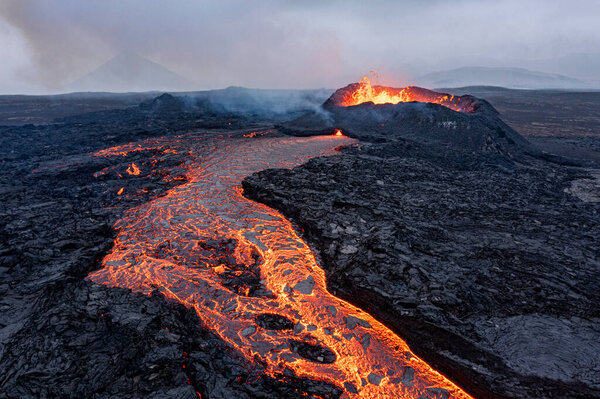 Aerial Panoramic view of Volcano Eruption, Litli-Hrtur Hill, Fagradalsfjall Volcano System in Iceland. Reykjanes Peninsula. High Resolution Ultra Wide Image.