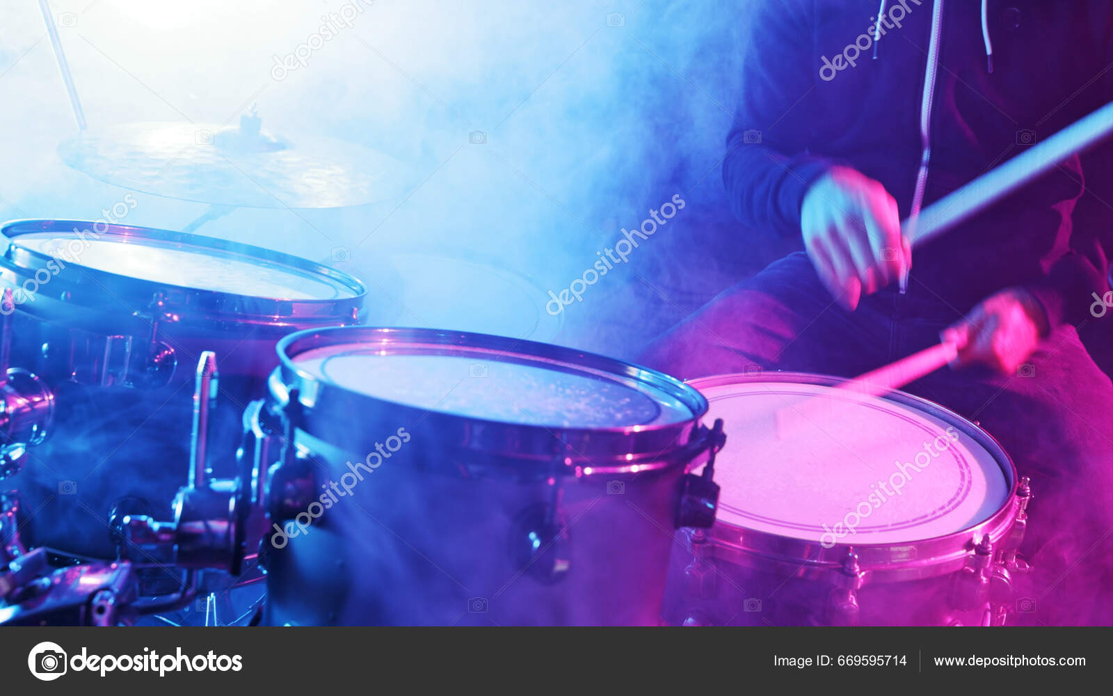 Drummer Playing Drums Assembly Dramatic Scene Colored Neon Lights