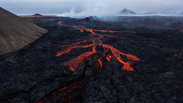 Aerial Panoramic view of Volcano Eruption, Litli Hrutur Hill, Fagradalsfjall Volcano System in Iceland. Reykjanes Peninsula. High Resolution Ultra Wide Image.
