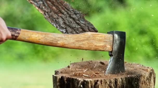 Super Slow Motion Chopping Wooden Logs Axe Filmed High Speed — Stock Video