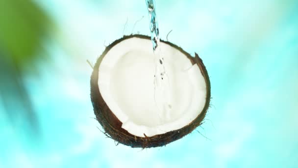 Super Zeitlupe Der Kokosnuss Mit Wasserspritzer Gefilmt Mit Einer High — Stockvideo