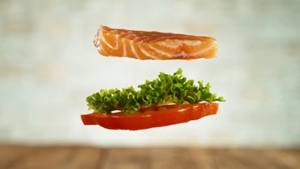 Super Slow Motion Stacking Salmon Sandwich Pieces Camera Motion Filmed — Stock Video