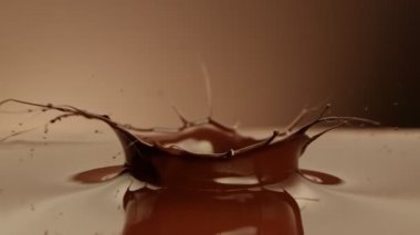 Süper Yavaş Su Sıçratan Sıcak Erimiş Çikolata Taç Şeklini Yaratıyor. Yüksek Hız Sinema Kamerası, 1000fps.