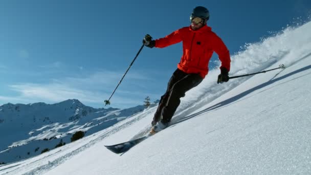 Super Slow Motion Piste Skier Running Hill Sunny Day Austria — Stock Video