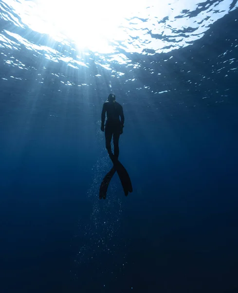 Фрідайвер Плаває Глибокому Морі Сонячними Променями Молода Людина Дінвер Морське — стокове фото