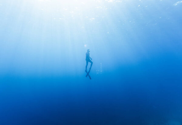 Freediver Swimming in Deep Sea With Sunrays. Young Man DIver Eploring Sea Life.