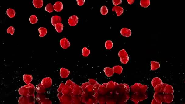 Super Zeitlupe Fallender Erdbeeren Ins Wasser Auf Schwarzem Hintergrund Gefilmt — Stockvideo