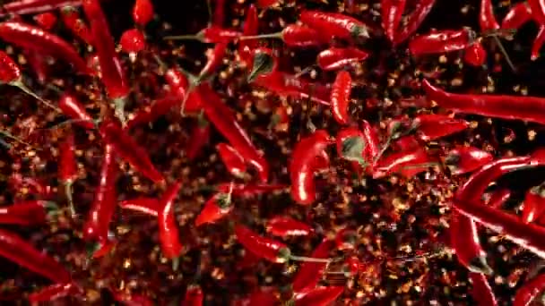 Super Pomalý Pohyb Létající Červené Papričky Chilli Natočeno Vysokorychlostní Kameře — Stock video